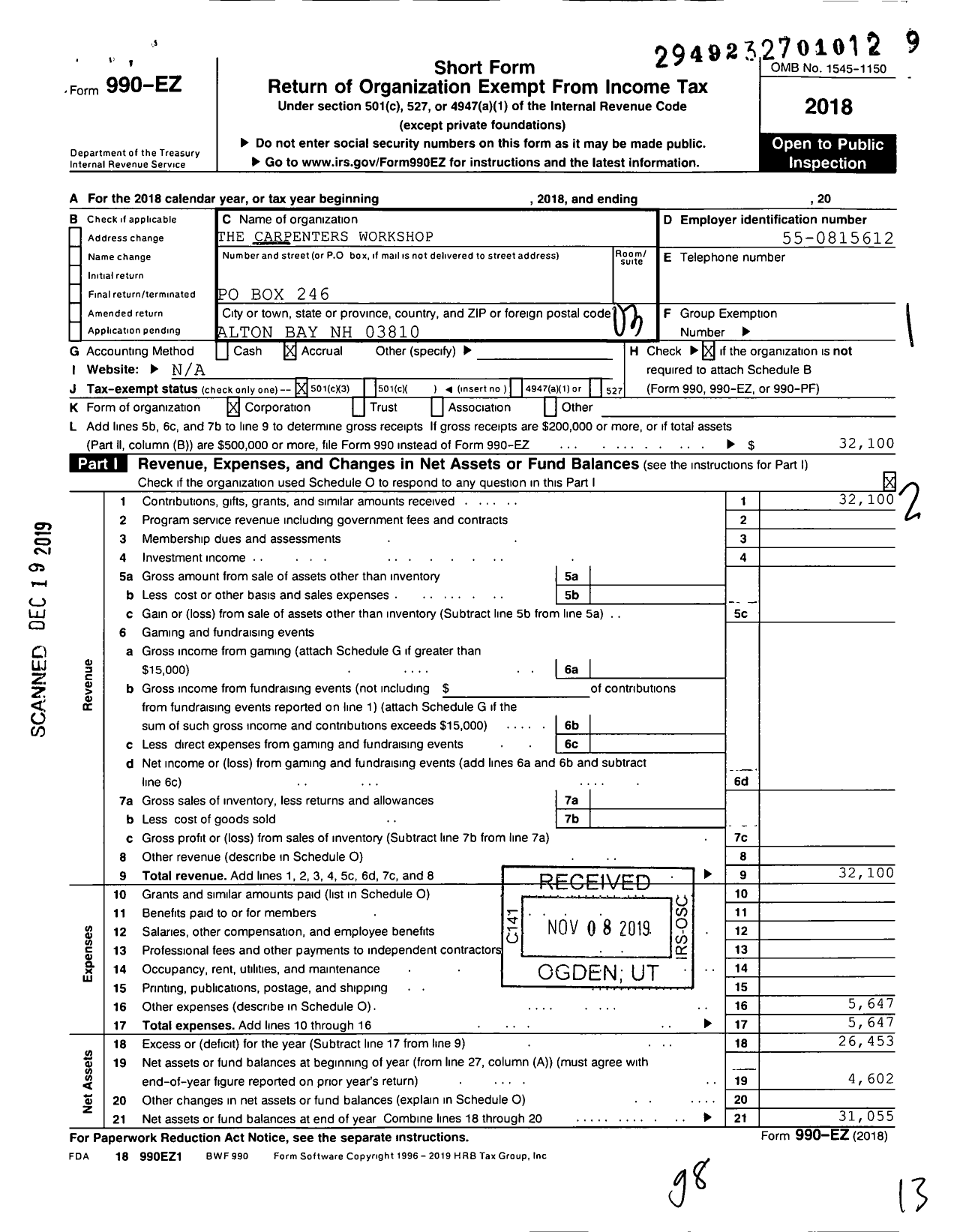 Image of first page of 2018 Form 990EZ for The Carpenters Workshop