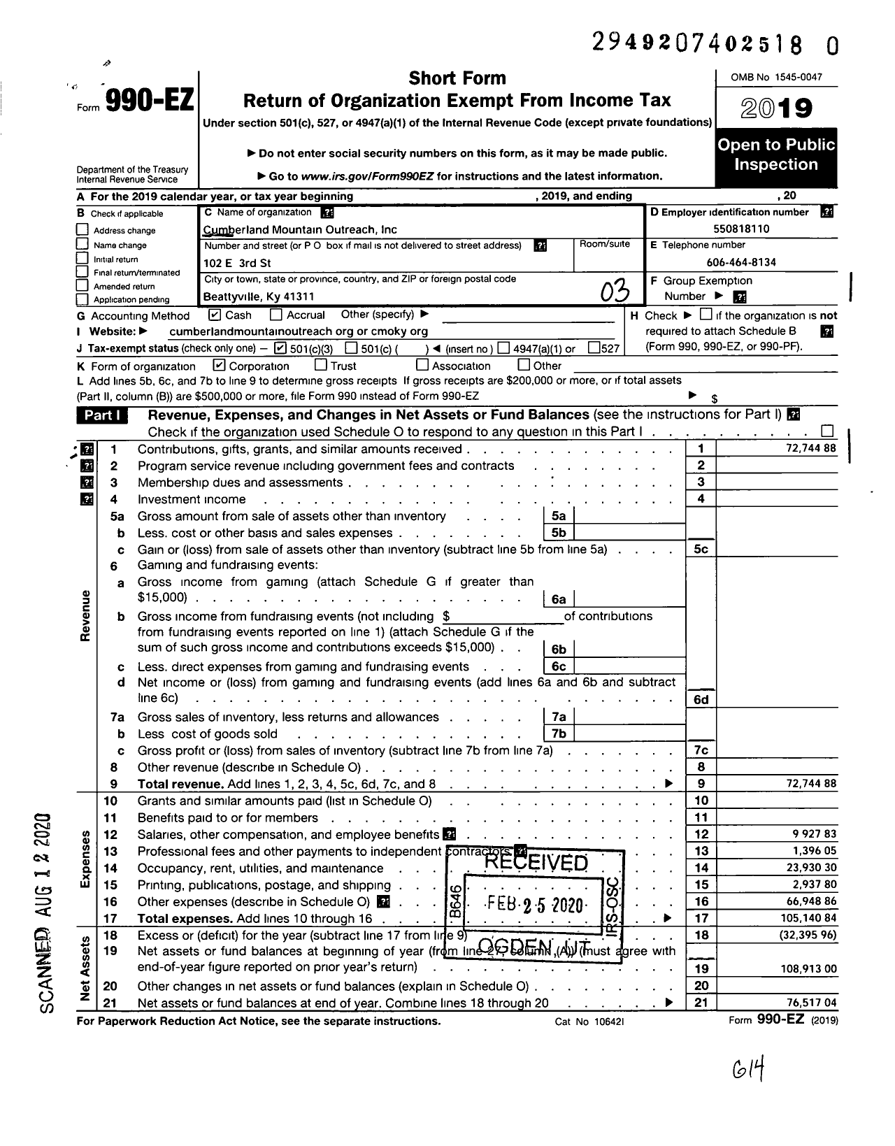 Image of first page of 2019 Form 990EZ for Cumberland Mountain Outreach