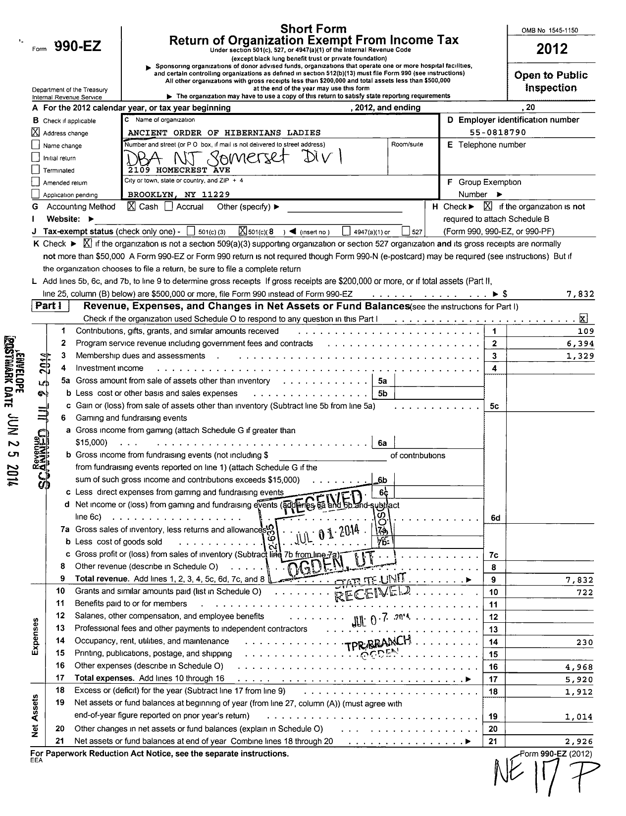 Image of first page of 2012 Form 990EO for Ancient Order of Hibernians Ladies / 1 Div Sommerset Cnty NJ