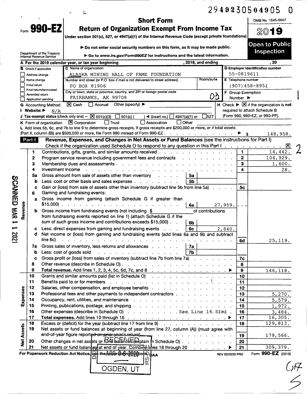 Image of first page of 2019 Form 990EZ for Alaska Mining Hall of Fame Foundation