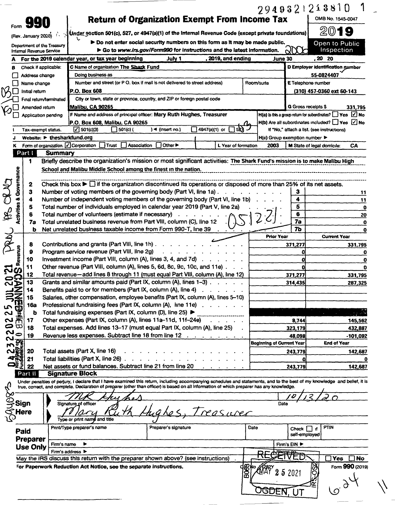 Image of first page of 2019 Form 990 for Shark Fund