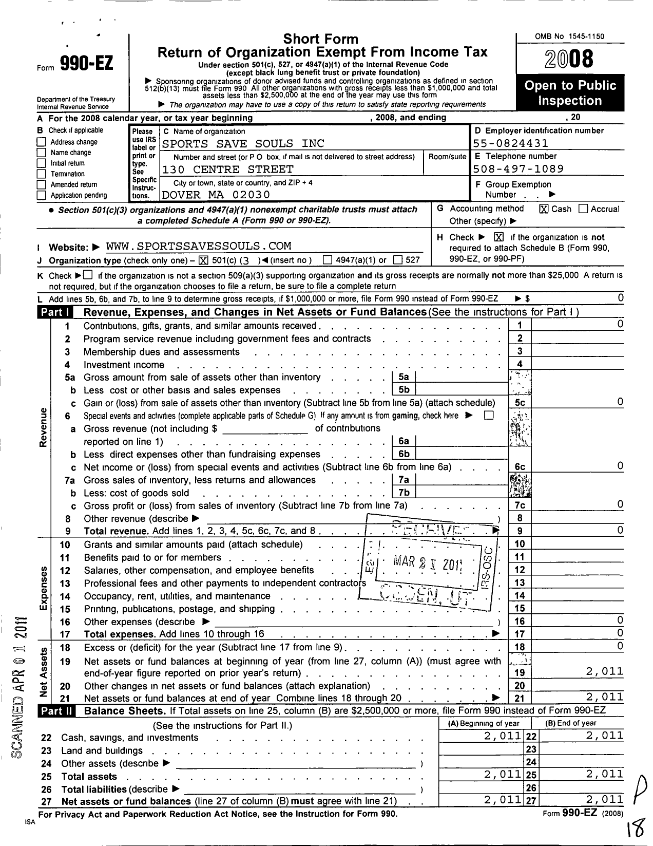 Image of first page of 2008 Form 990EZ for Sports Save Souls