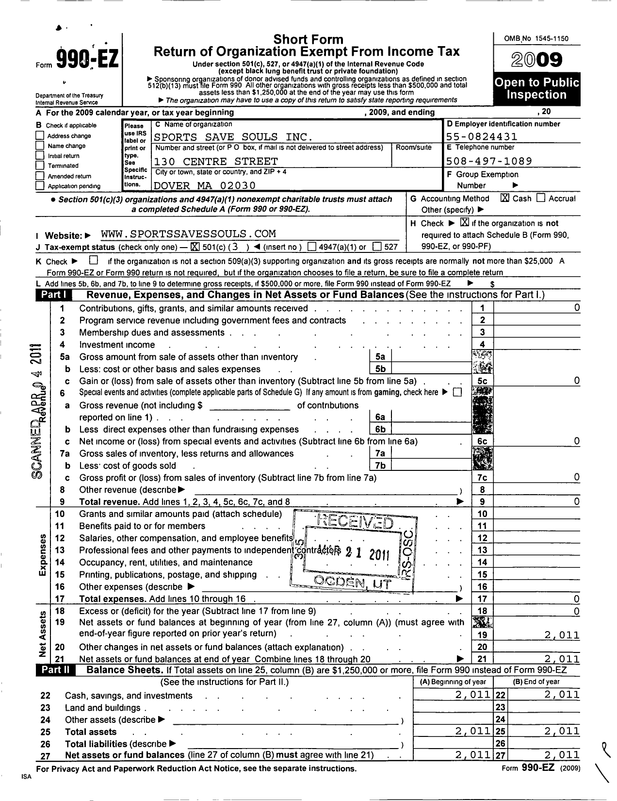 Image of first page of 2009 Form 990EZ for Sports Save Souls