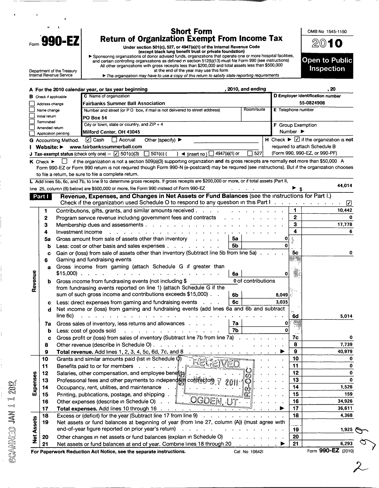 Image of first page of 2010 Form 990EZ for Fairbanks Summer Ball Association