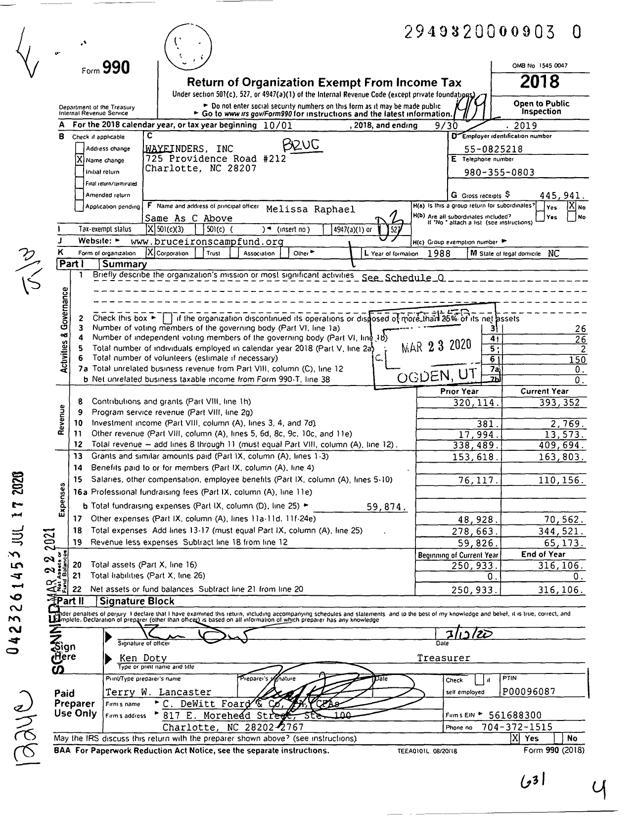 Image of first page of 2018 Form 990 for R Bruce Irons Camp Fund