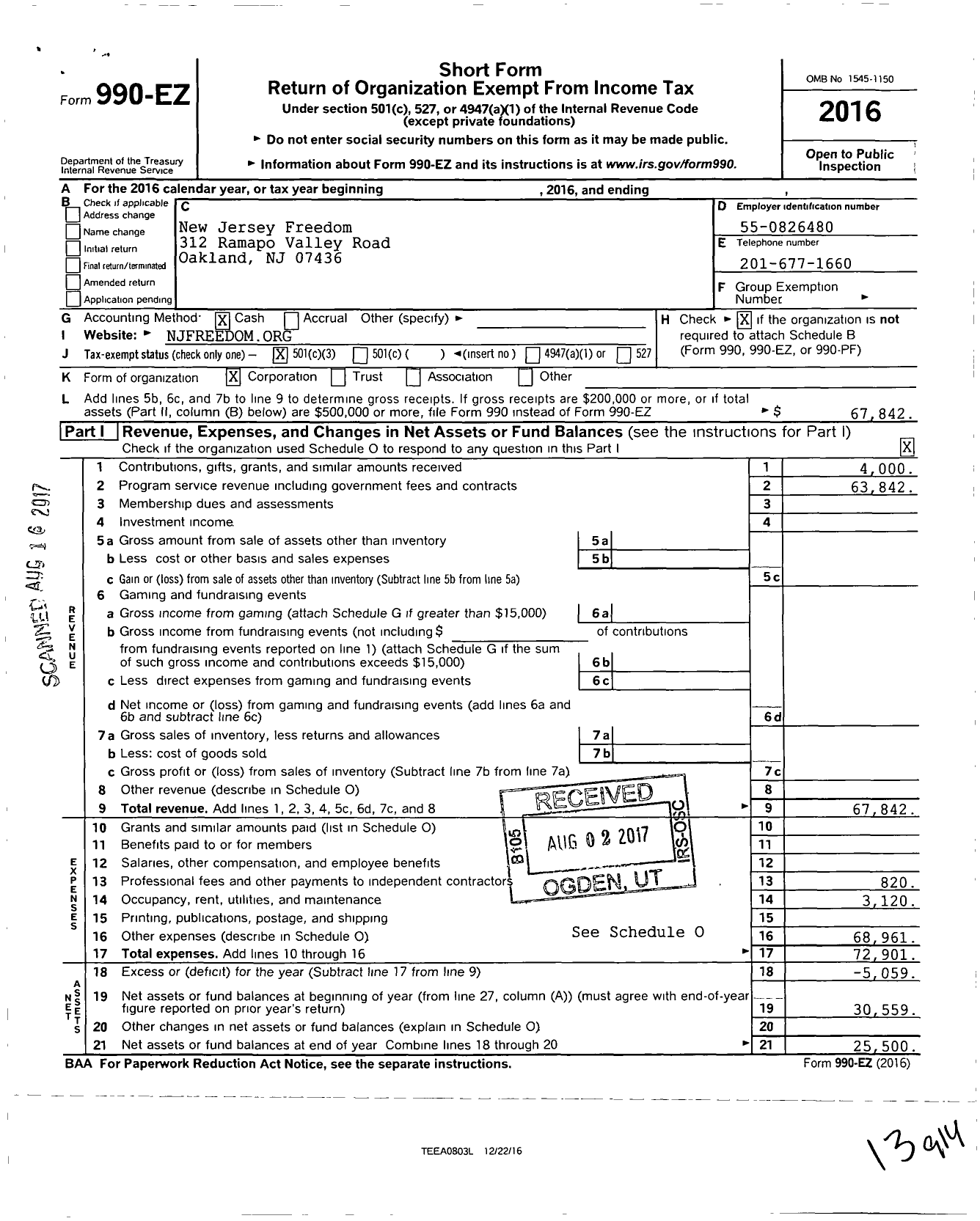 Image of first page of 2016 Form 990EZ for New Jersey Freedom