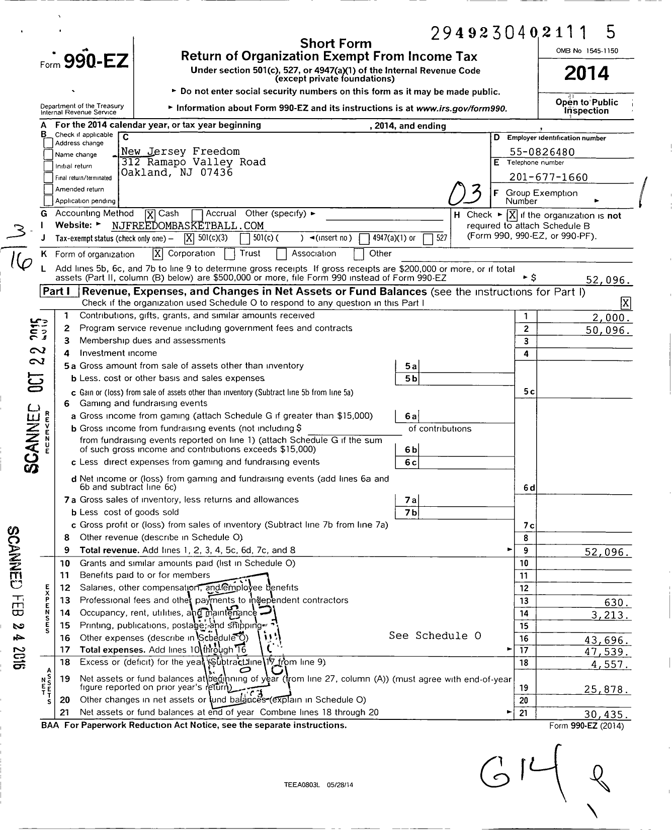 Image of first page of 2014 Form 990EZ for New Jersey Freedom