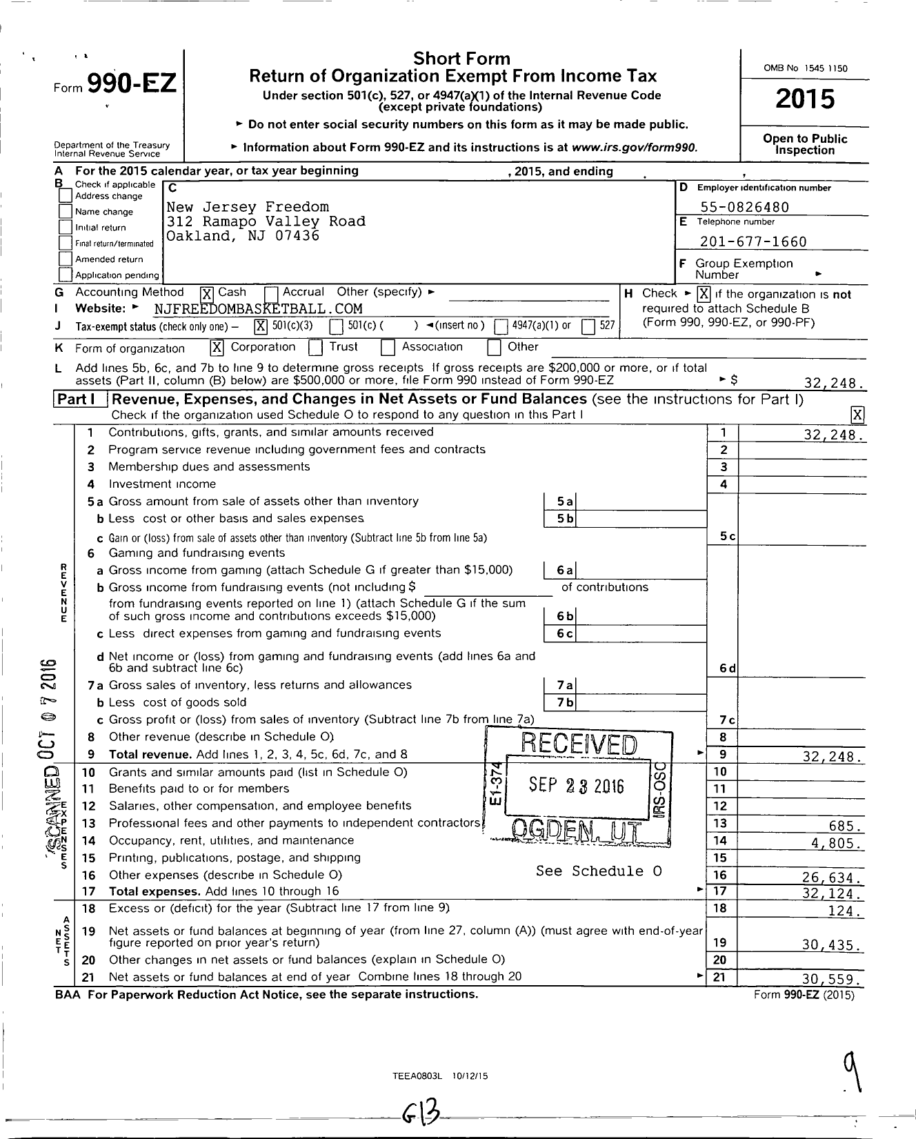 Image of first page of 2015 Form 990EZ for New Jersey Freedom