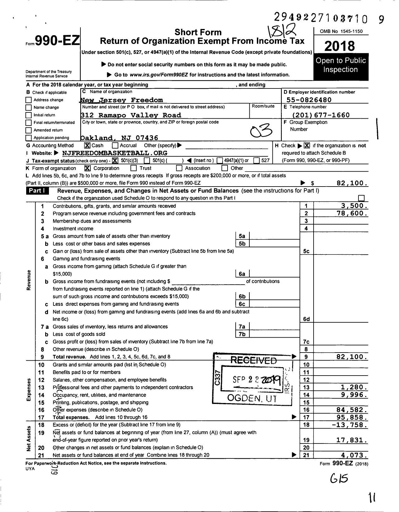 Image of first page of 2018 Form 990EZ for New Jersey Freedom