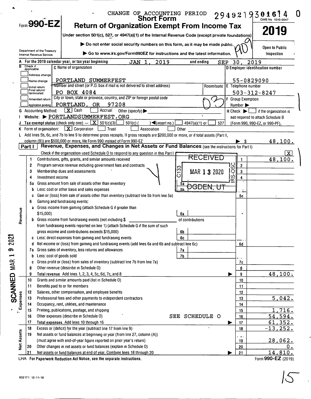 Image of first page of 2018 Form 990EZ for Opera in the Park Portland