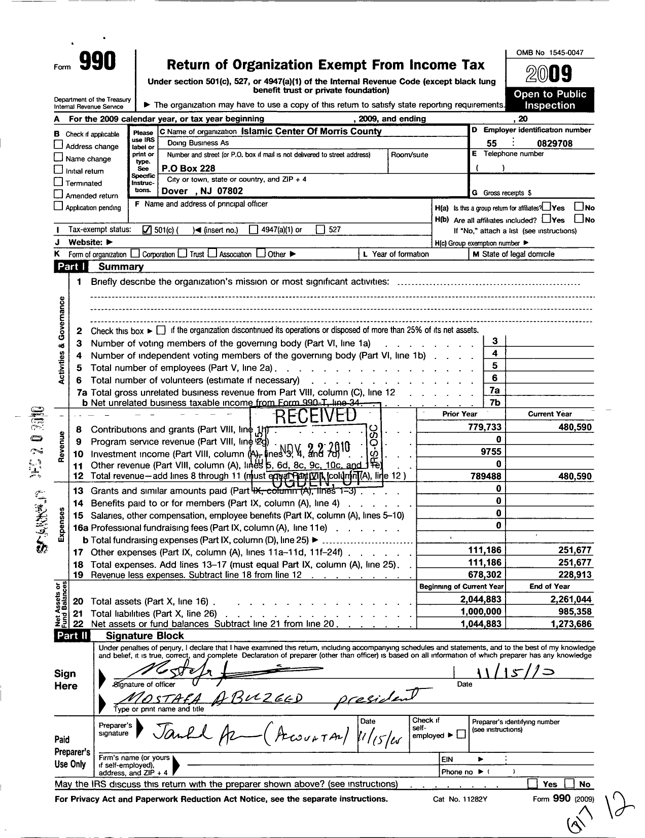 Image of first page of 2009 Form 990O for Islamic Center of Morris County