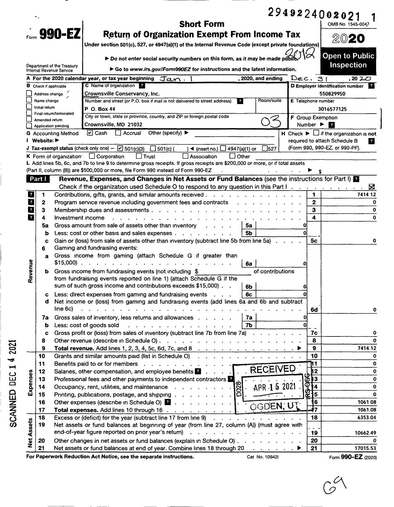 Image of first page of 2020 Form 990EZ for Crownsville Conservancy