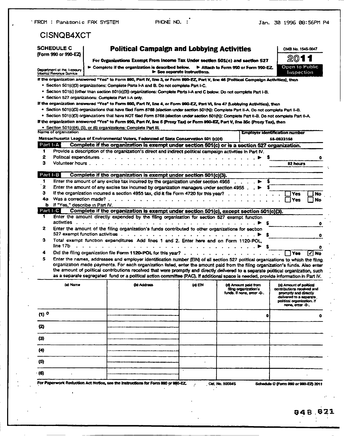 Image of first page of 2011 Form 990OR for Federation of State Conservation Voter League of Massachussetts