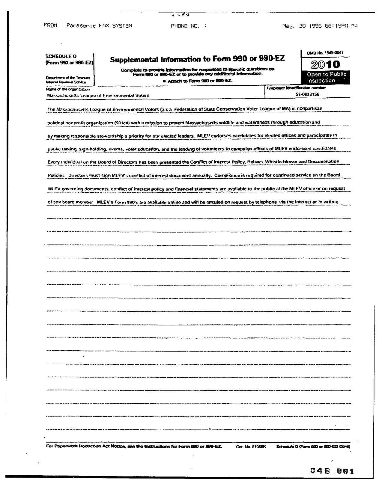 Image of first page of 2010 Form 990OR for Federation of State Conservation Voter League of Massachussetts