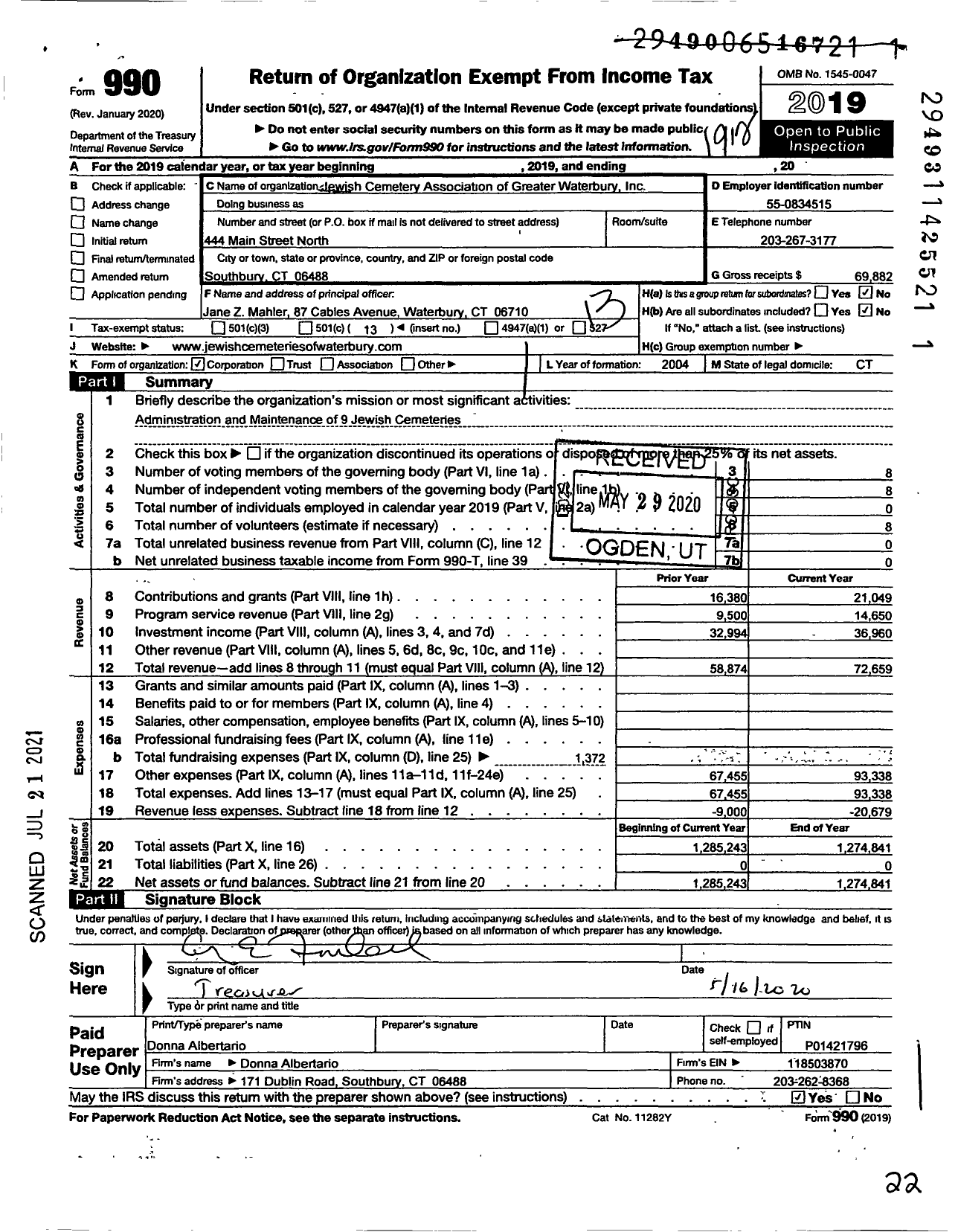 Image of first page of 2019 Form 990O for Jewish Cemetery Association of Greater Waterbury