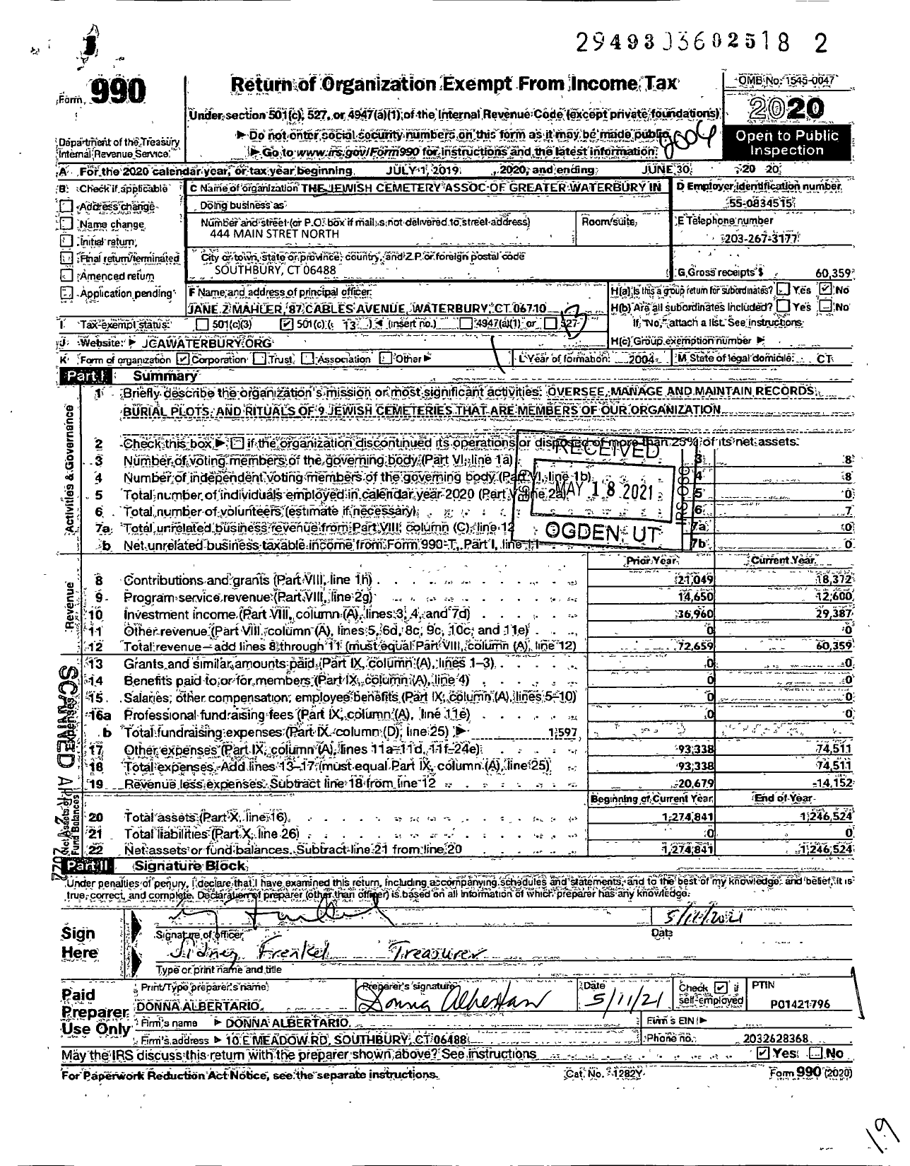 Image of first page of 2019 Form 990O for Jewish Cemetery Association of Greater Waterbury