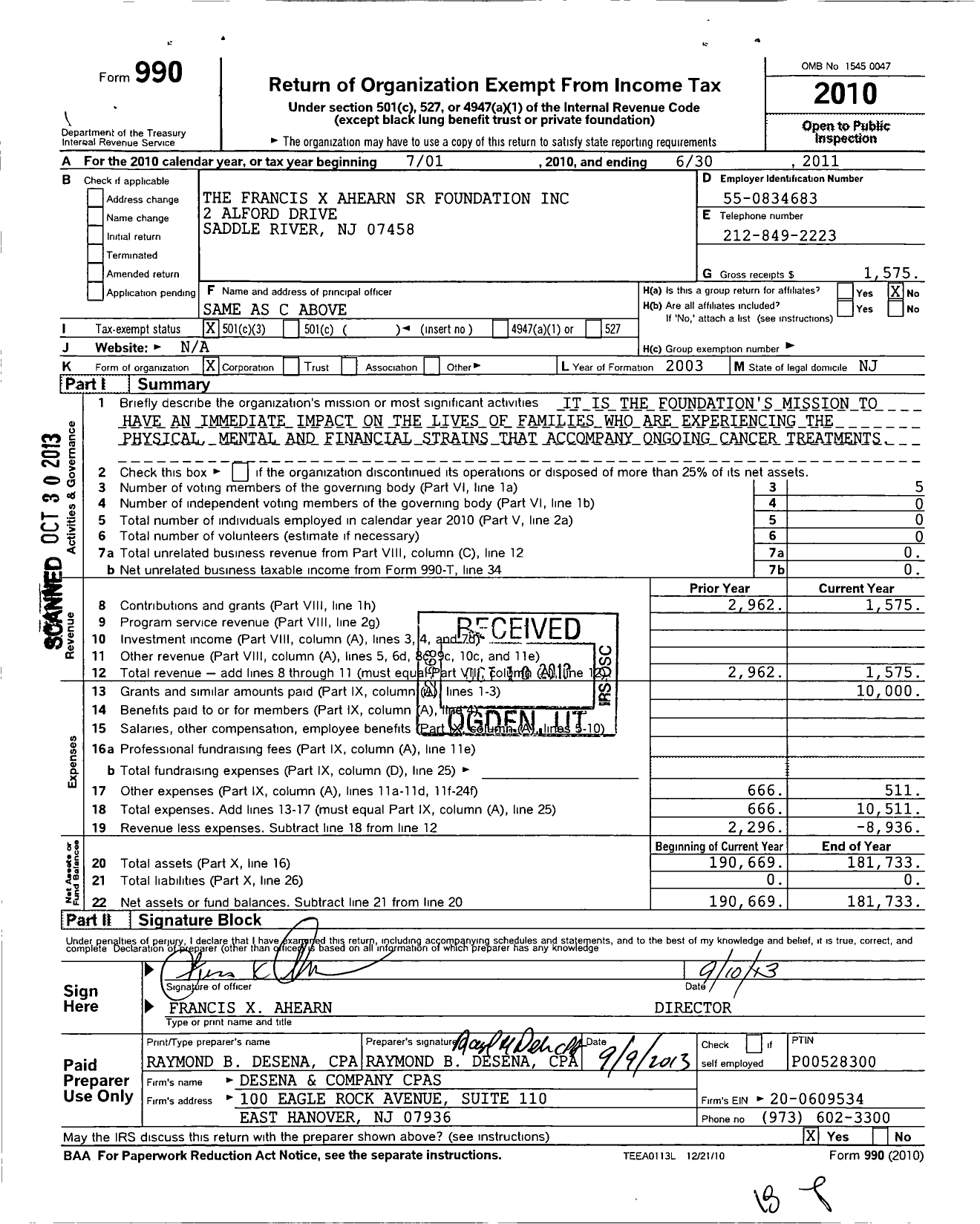 Image of first page of 2010 Form 990 for Francis X Ahearn SR Foundation