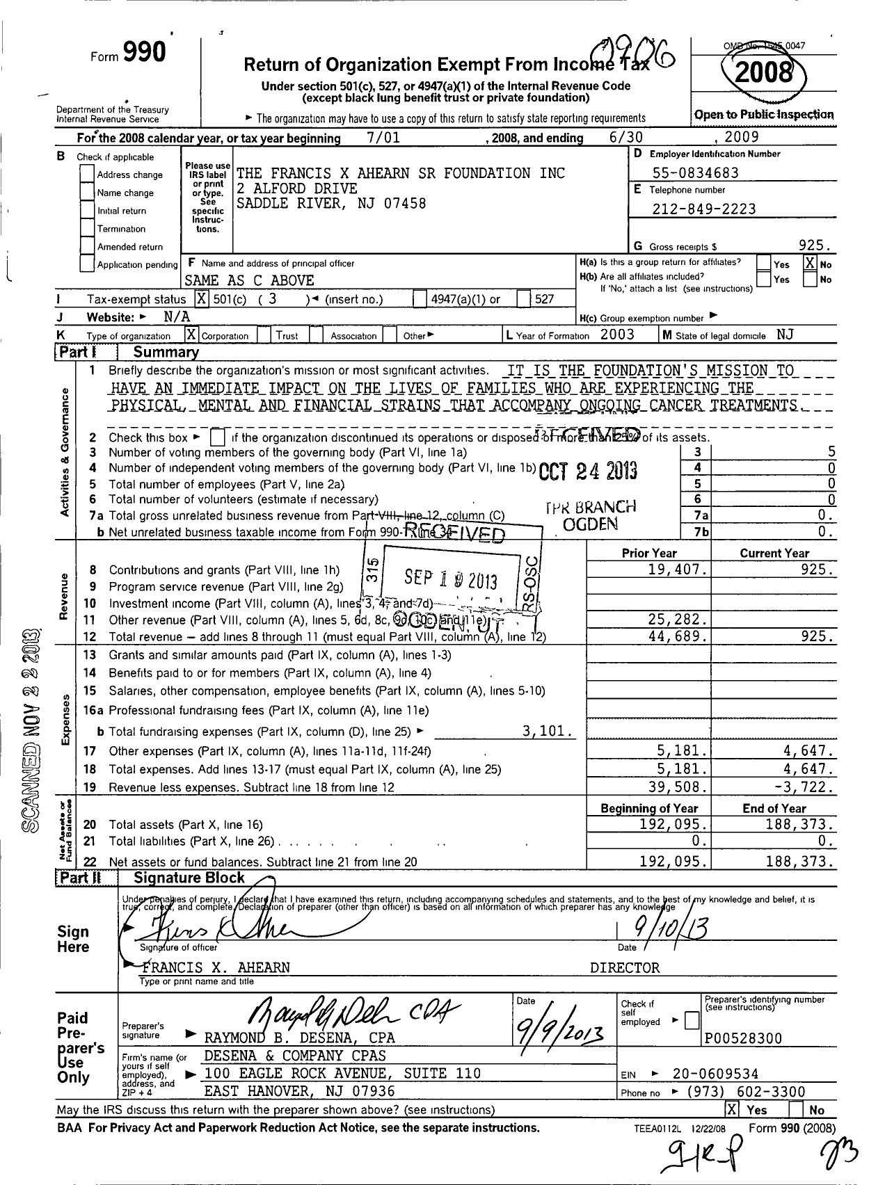 Image of first page of 2008 Form 990 for Francis X Ahearn SR Foundation