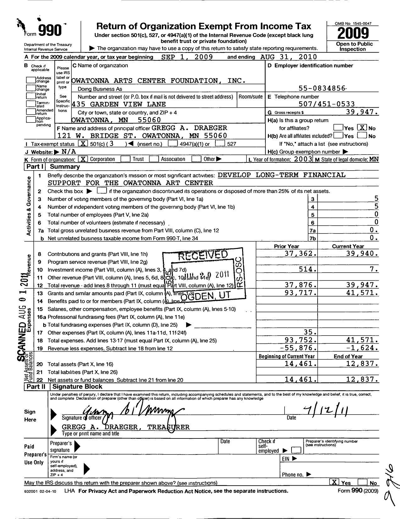 Image of first page of 2009 Form 990 for Owatonna Arts Center Foundation