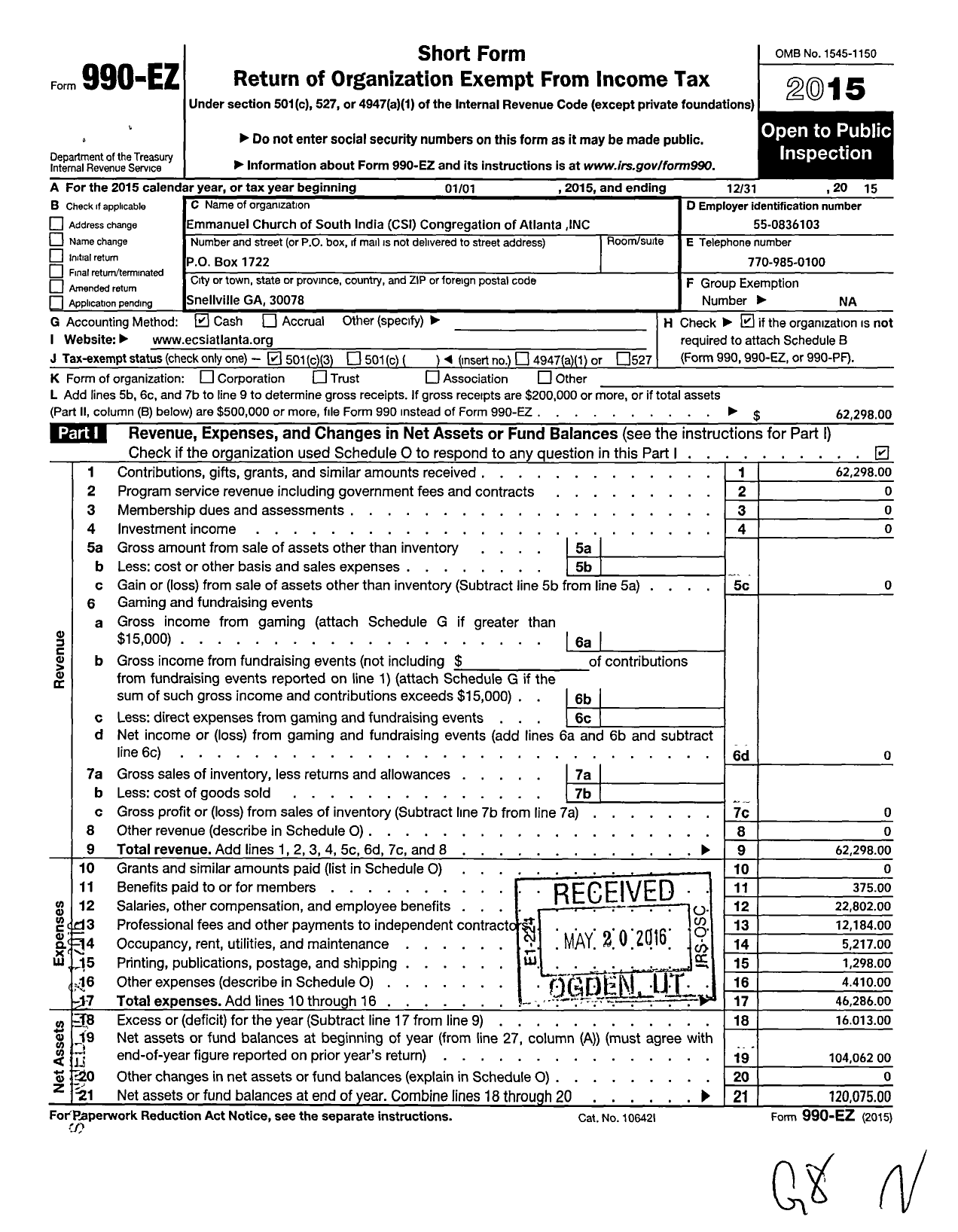 Image of first page of 2015 Form 990EZ for Emmanuel Church of South India C S I Congregation of Atlanta