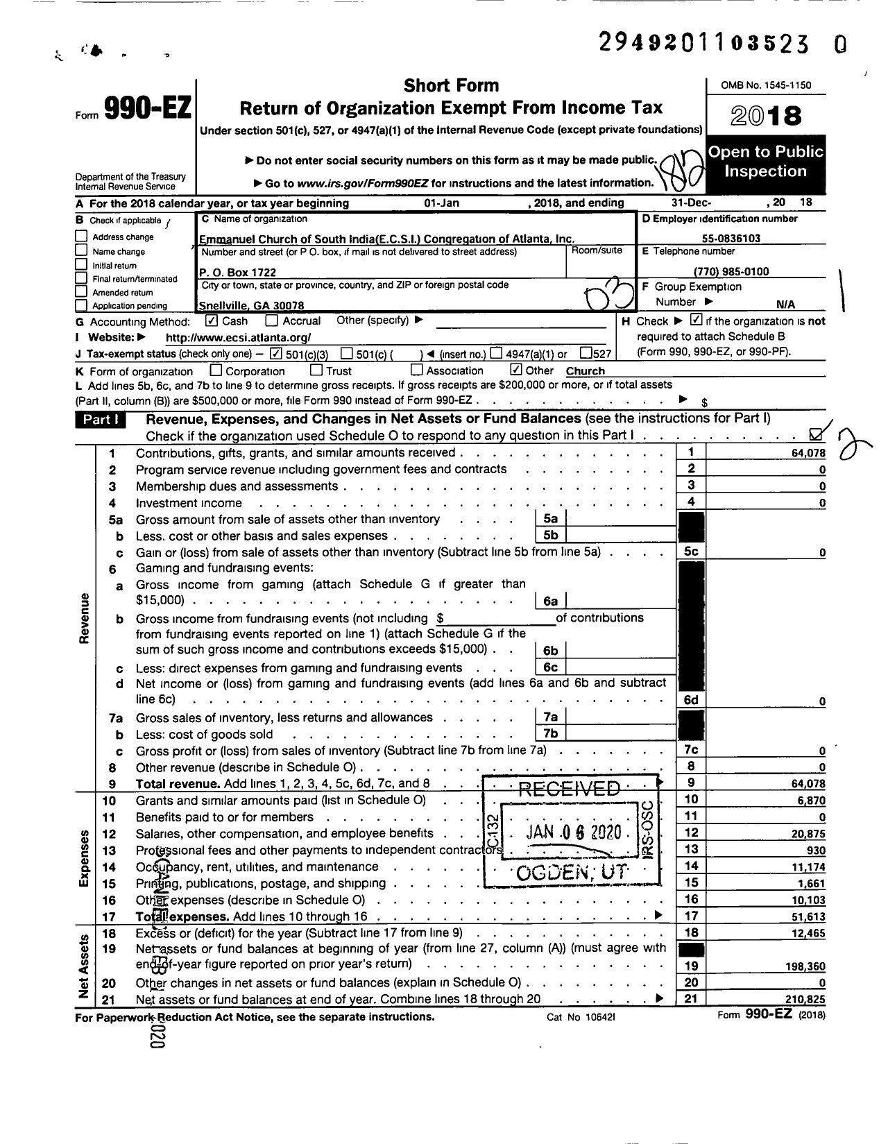 Image of first page of 2018 Form 990EZ for Emmanuel Church of South India C S I Congregation of Atlanta