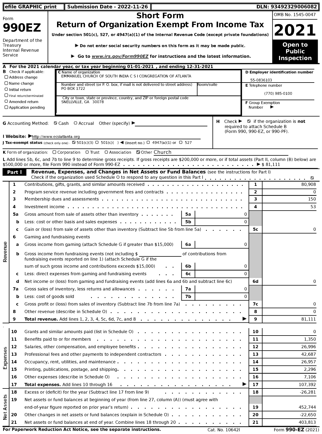 Image of first page of 2021 Form 990EZ for Emmanuel Church of South India C S I Congregation of Atlanta