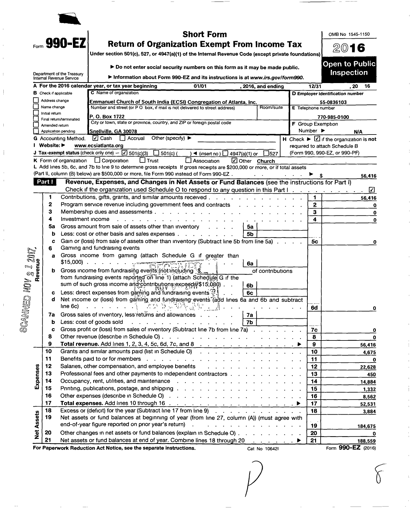 Image of first page of 2016 Form 990EZ for Emmanuel Church of South India C S I Congregation of Atlanta