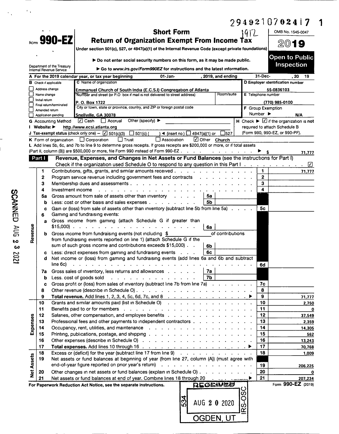 Image of first page of 2019 Form 990EZ for Emmanuel Church of South India C S I Congregation of Atlanta