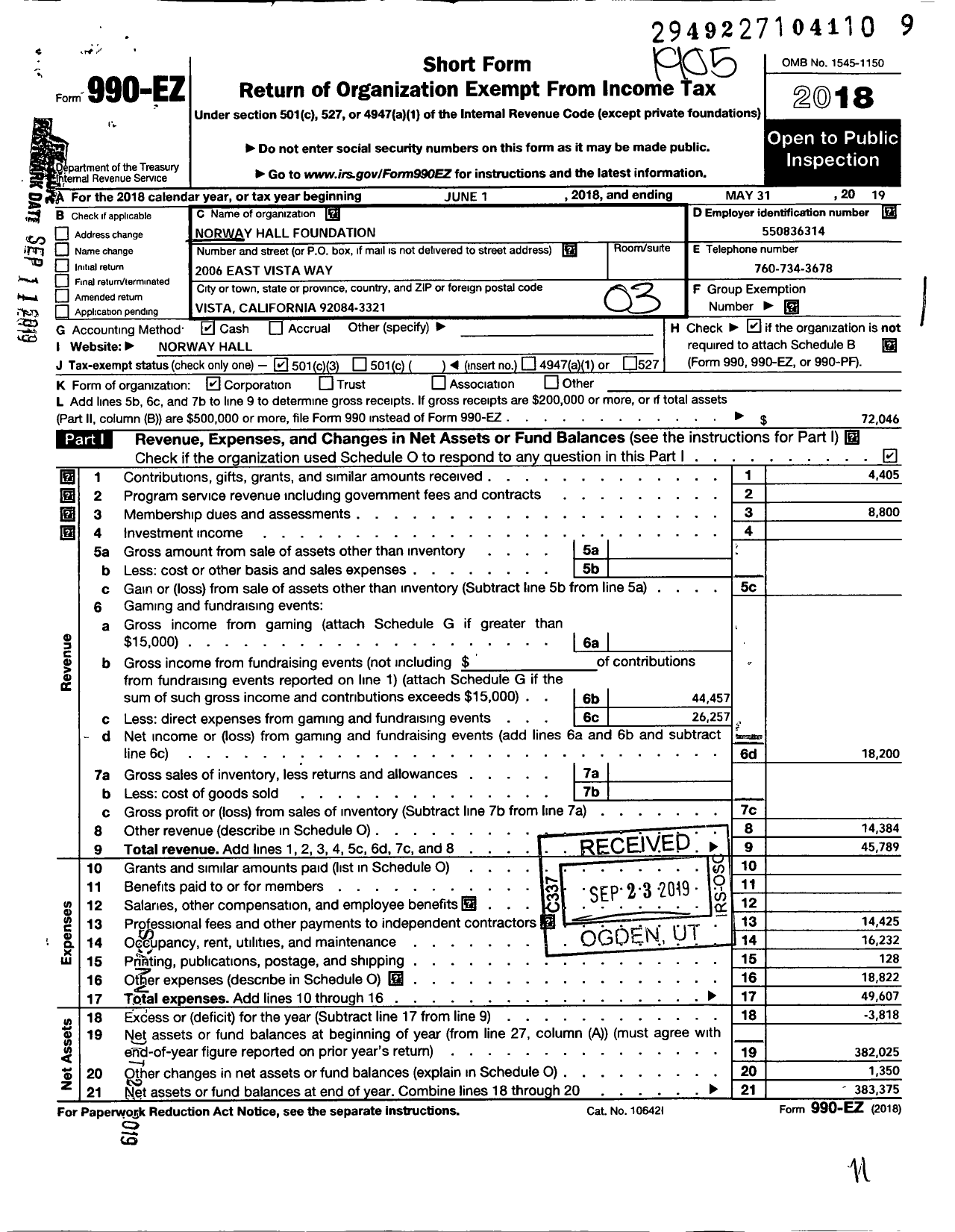 Image of first page of 2018 Form 990EZ for Norway Hall Foundation