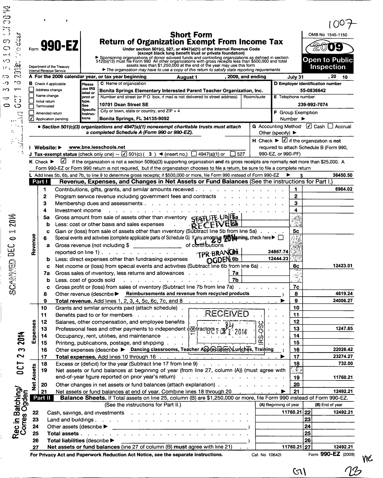 Image of first page of 2009 Form 990EZ for Bonita Springs Elementary Interested Parent Teacher Org