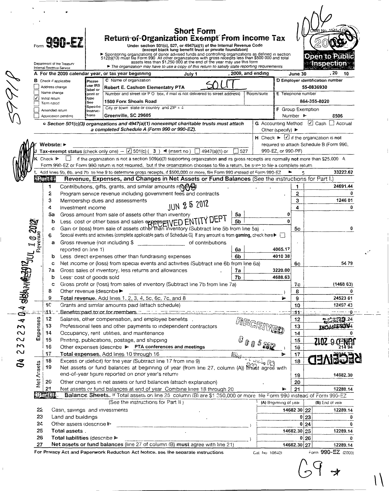Image of first page of 2009 Form 990EZ for South Carolina Congress of Parents and Teachers / Robert E Cashion PTA