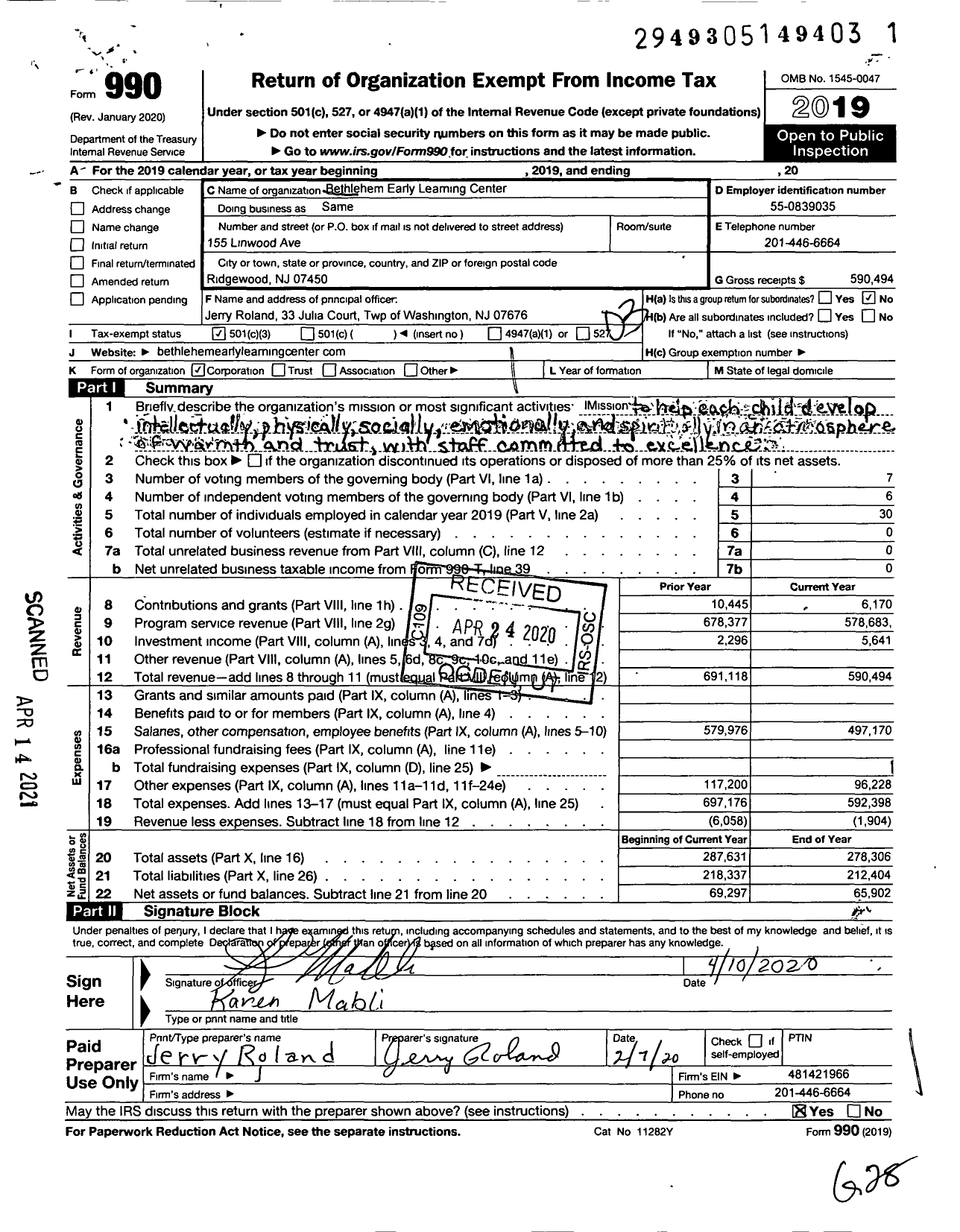 Image of first page of 2019 Form 990 for Bethlehem Early Learning Center