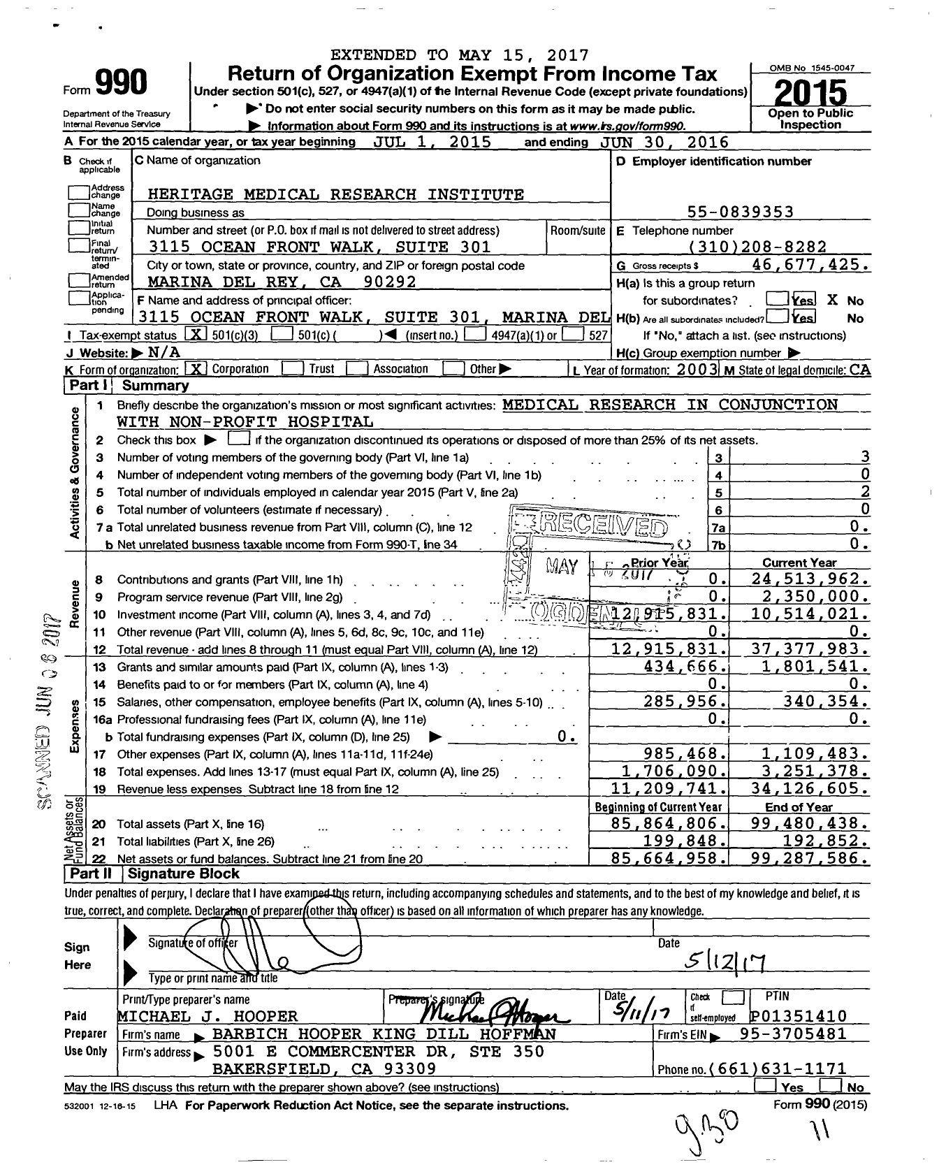 Image of first page of 2015 Form 990 for Heritage Medical Research Institute