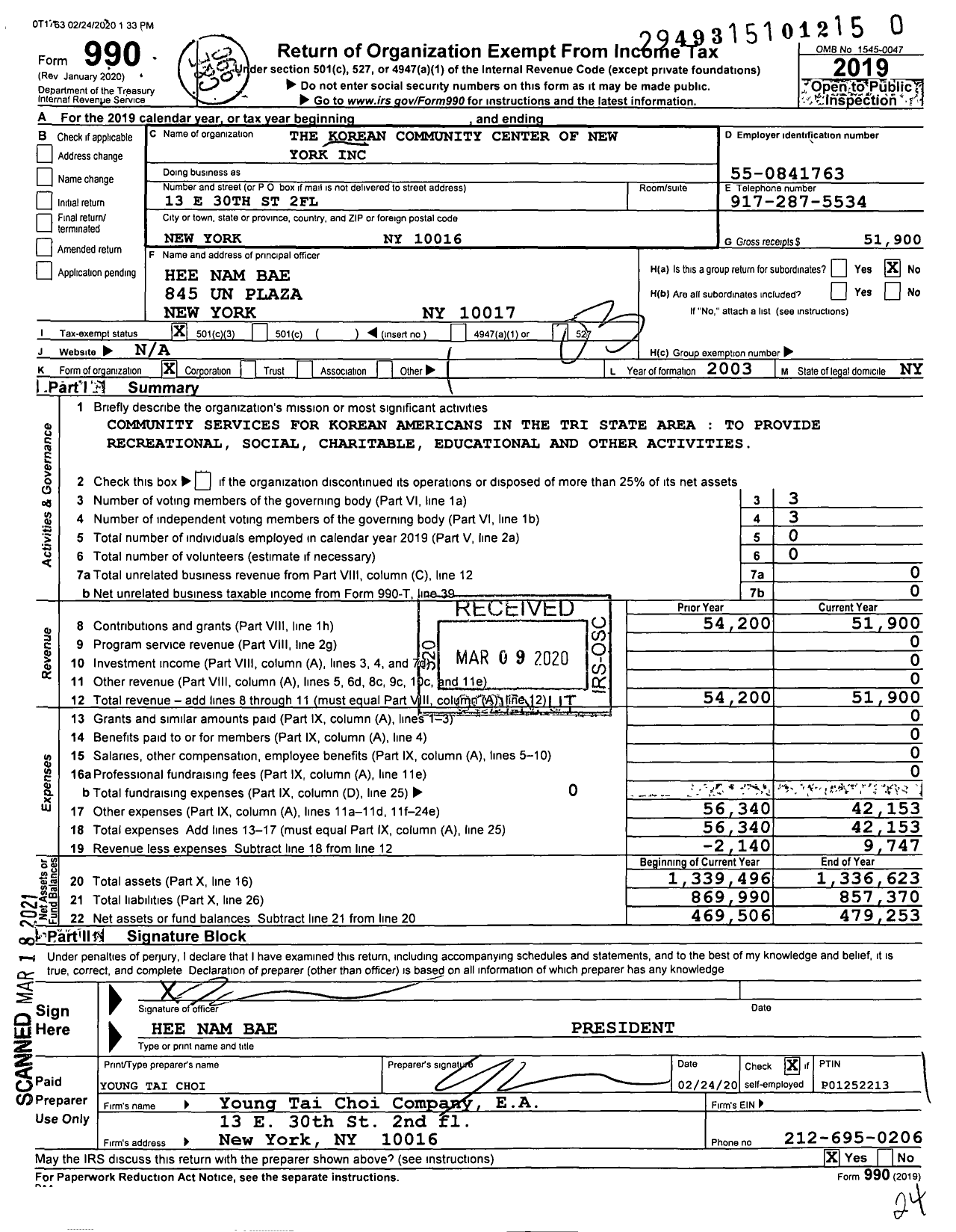 Image of first page of 2019 Form 990 for The Korean Community Center of New York