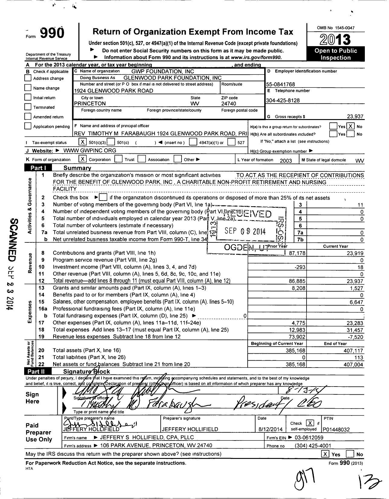 Image of first page of 2013 Form 990 for GWP Foundation