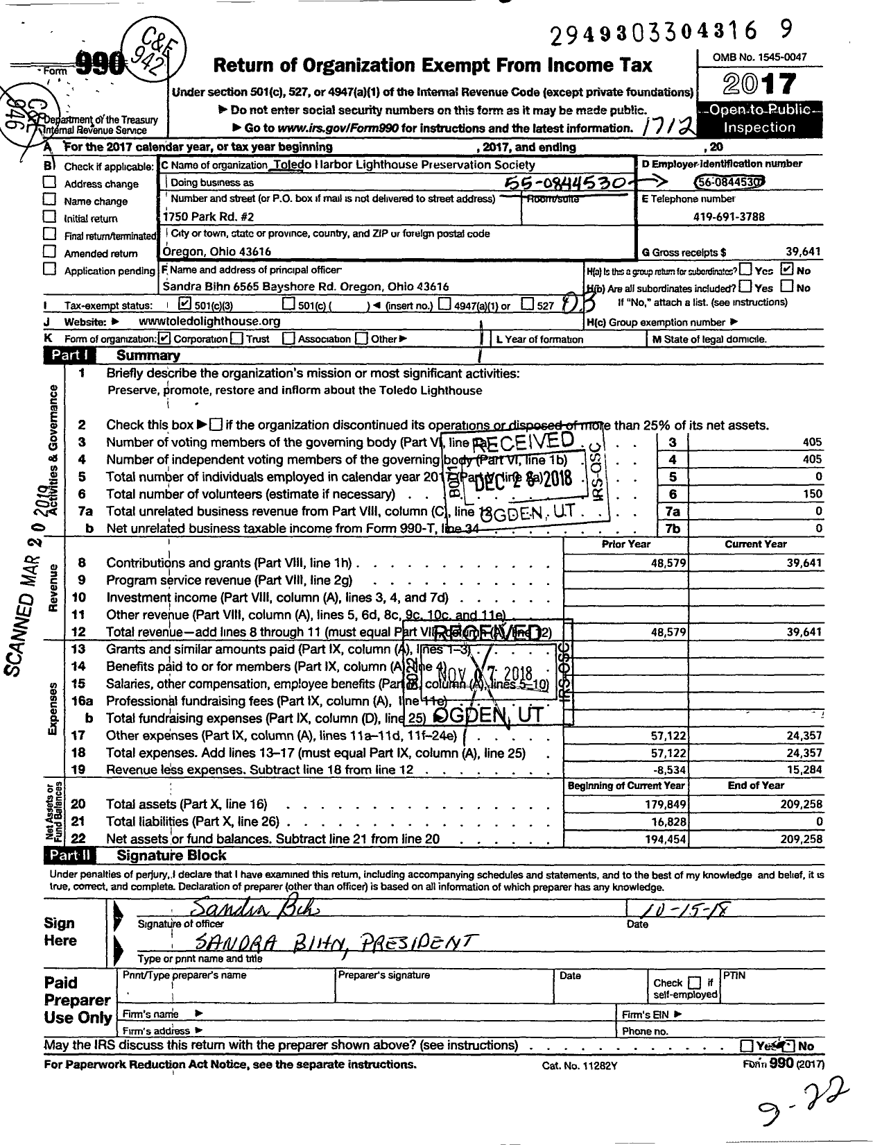 Image of first page of 2017 Form 990 for Toledo Harbor Lighthouse Society