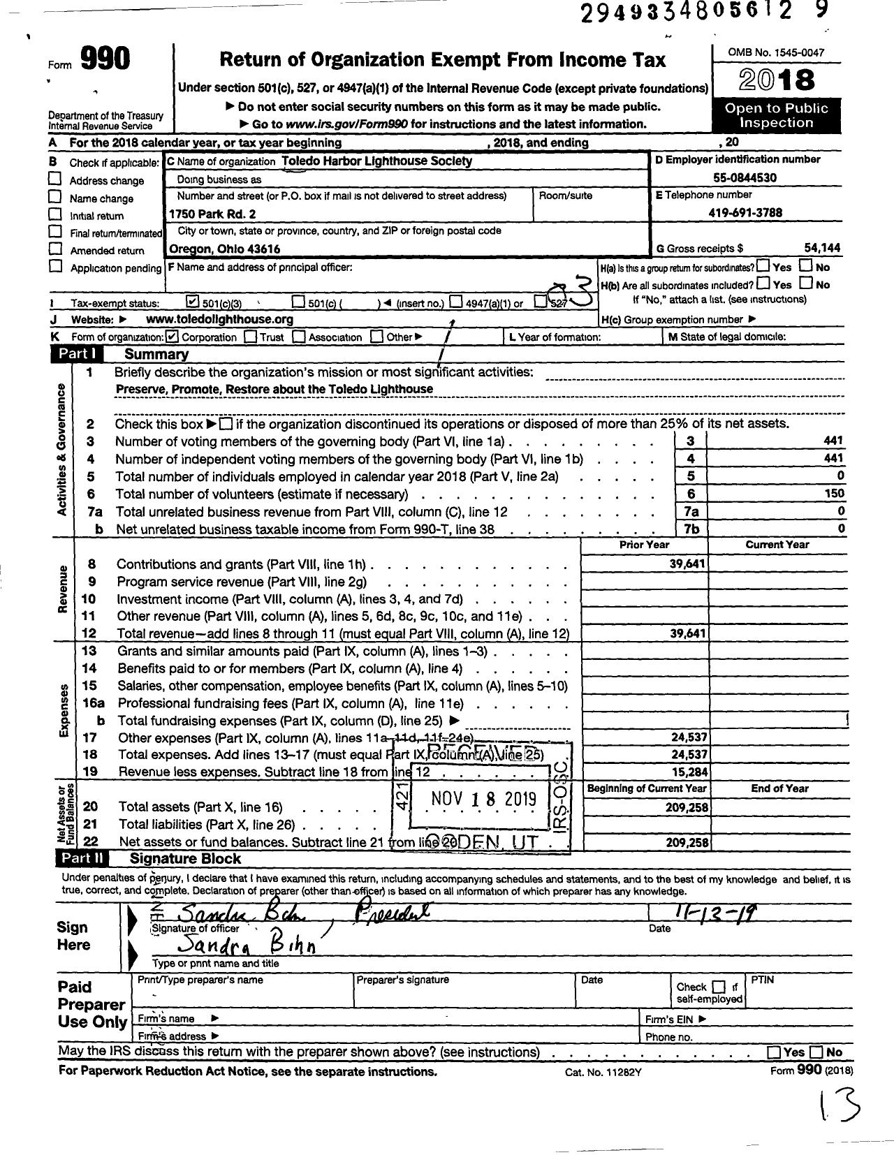 Image of first page of 2018 Form 990 for Toledo Harbor Lighthouse Society