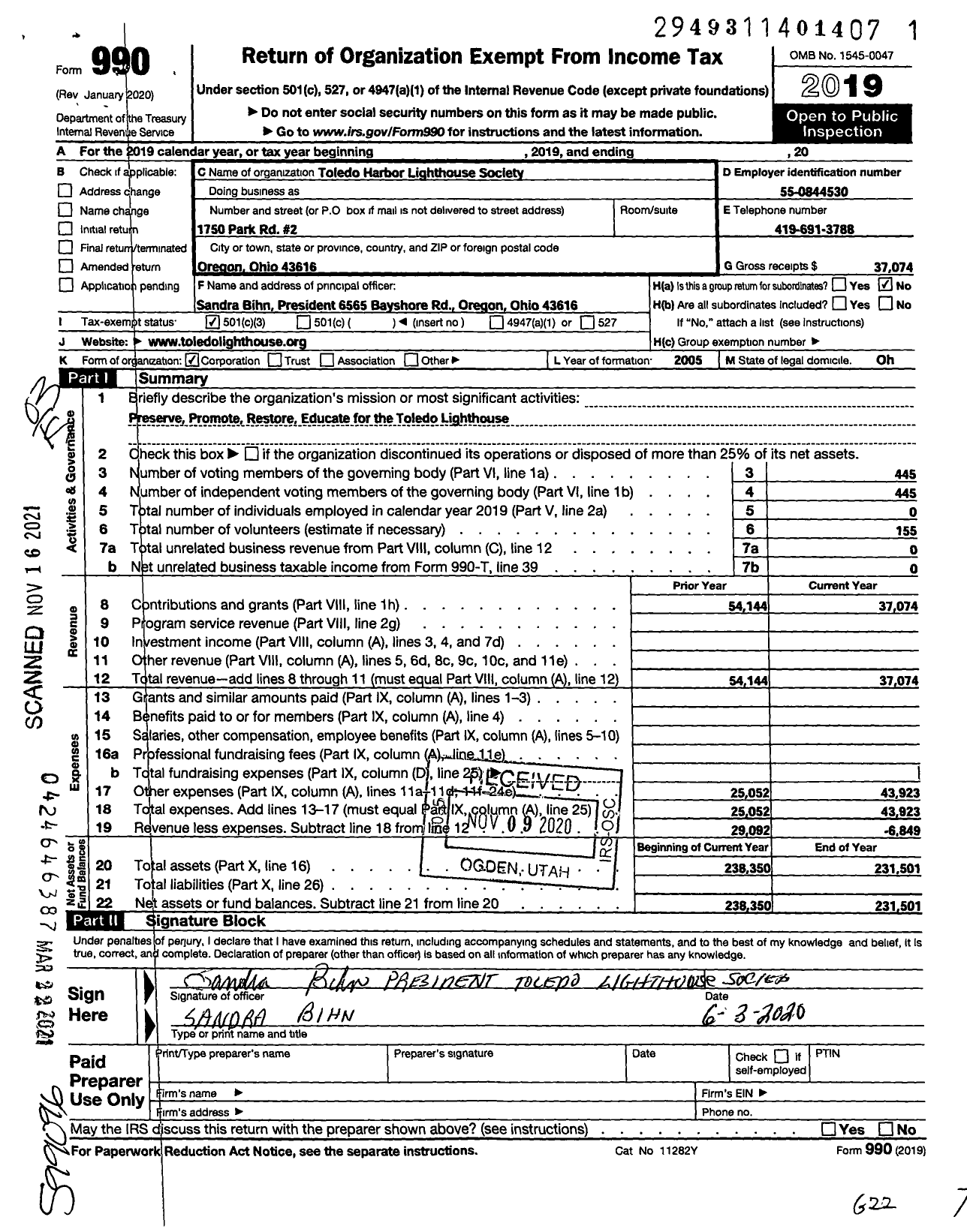 Image of first page of 2019 Form 990 for Toledo Harbor Lighthouse Society