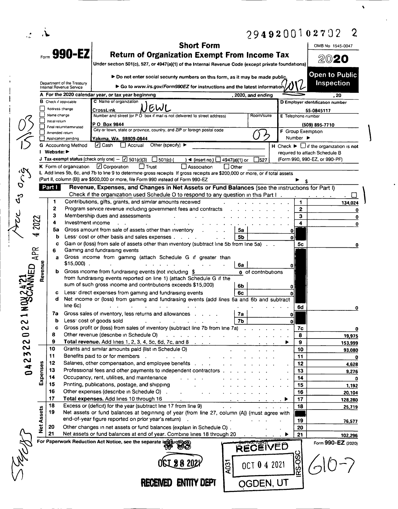 Image of first page of 2020 Form 990EZ for CrossLink