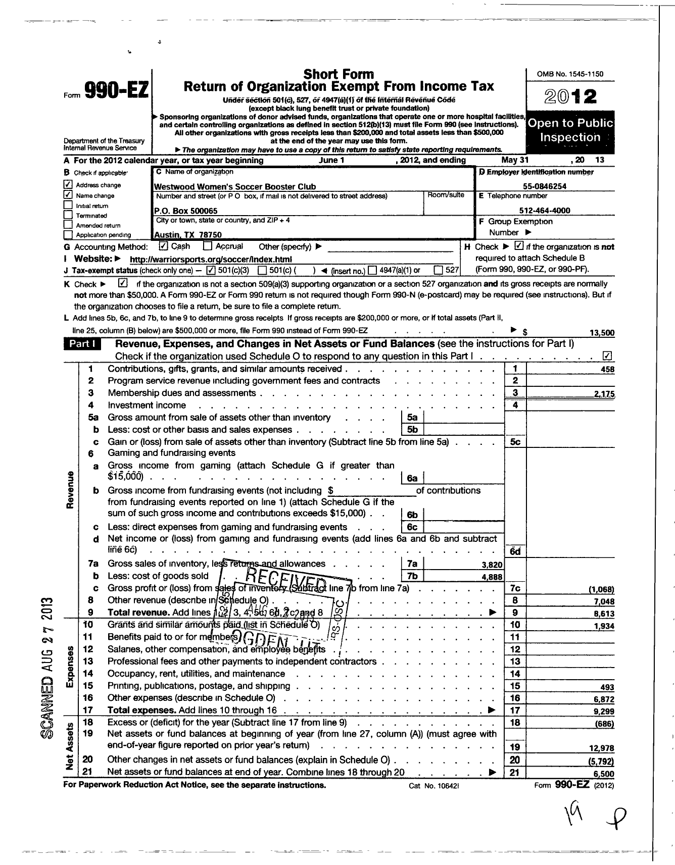 Image of first page of 2012 Form 990EZ for Westwood Womens Soccer Booster Club