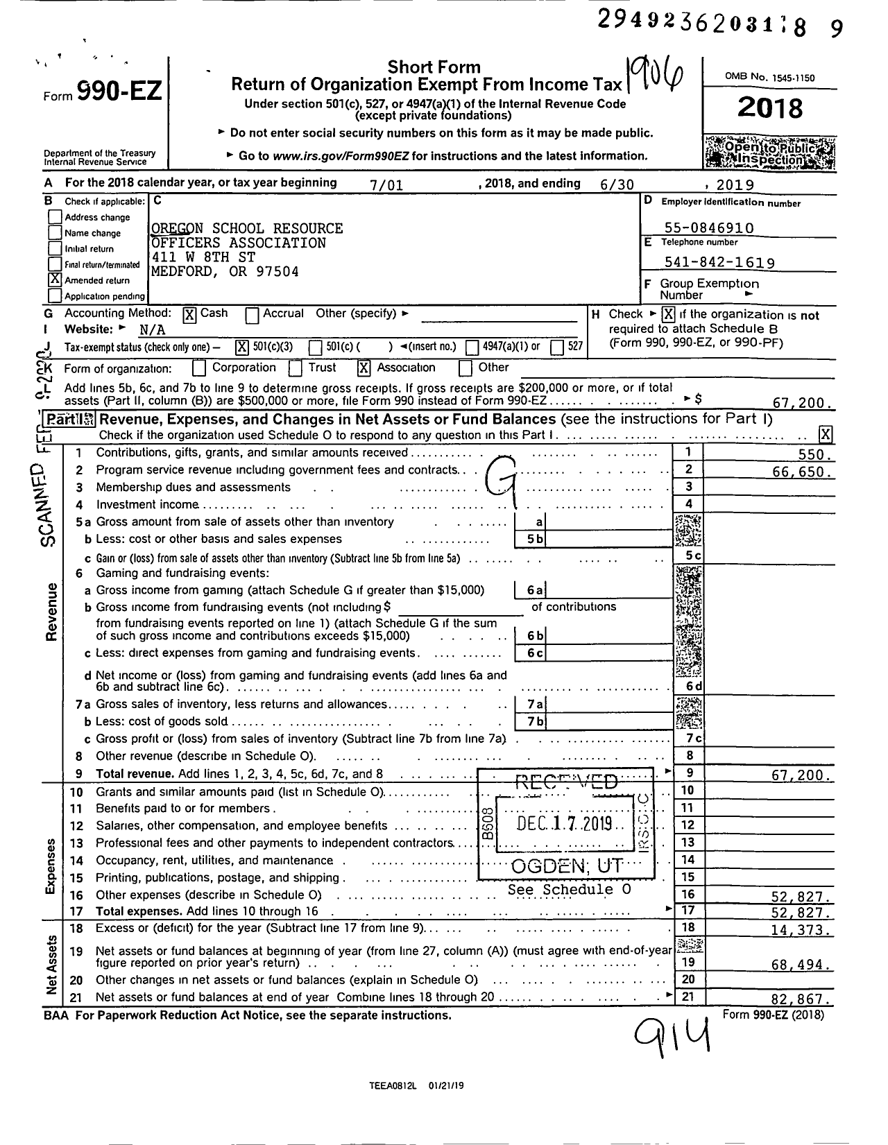 Image of first page of 2018 Form 990EZ for Oregon School Resource Officers Association