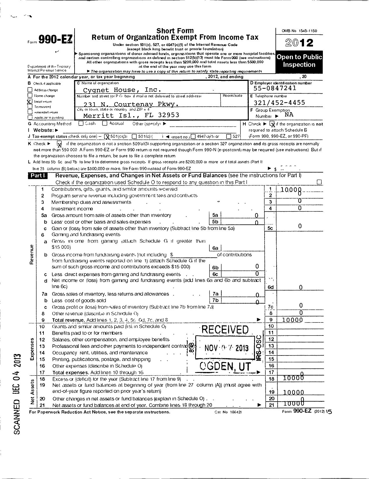 Image of first page of 2012 Form 990EZ for Cygnet House