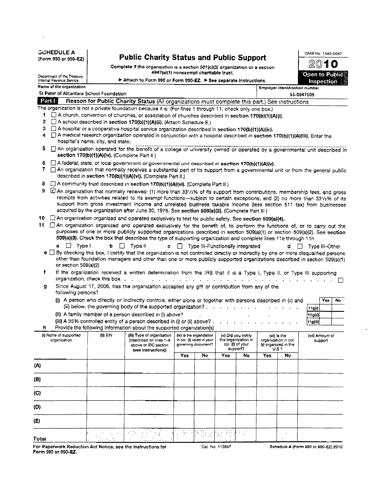 Image of first page of 2010 Form 990ER for St Peters Alcantara School Foundation