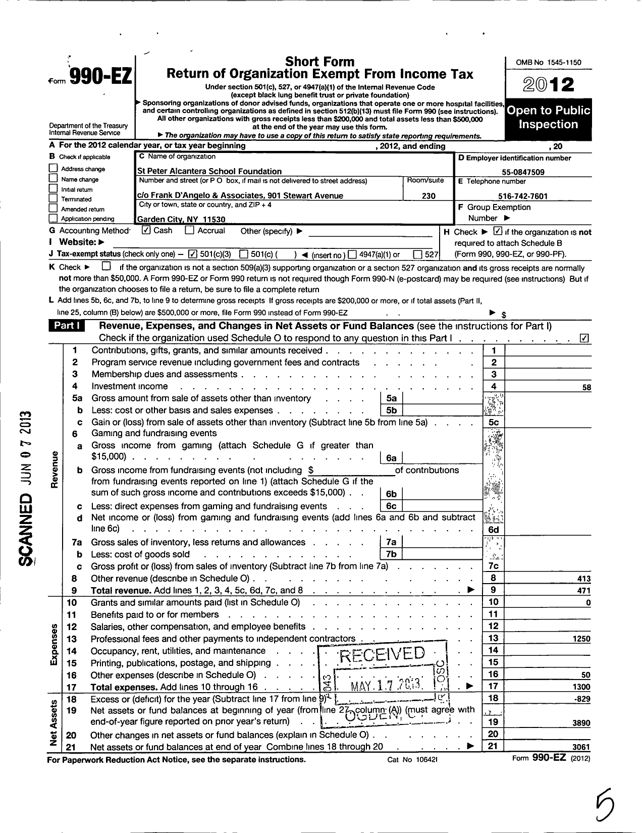 Image of first page of 2012 Form 990EZ for St Peters Alcantara School Foundation