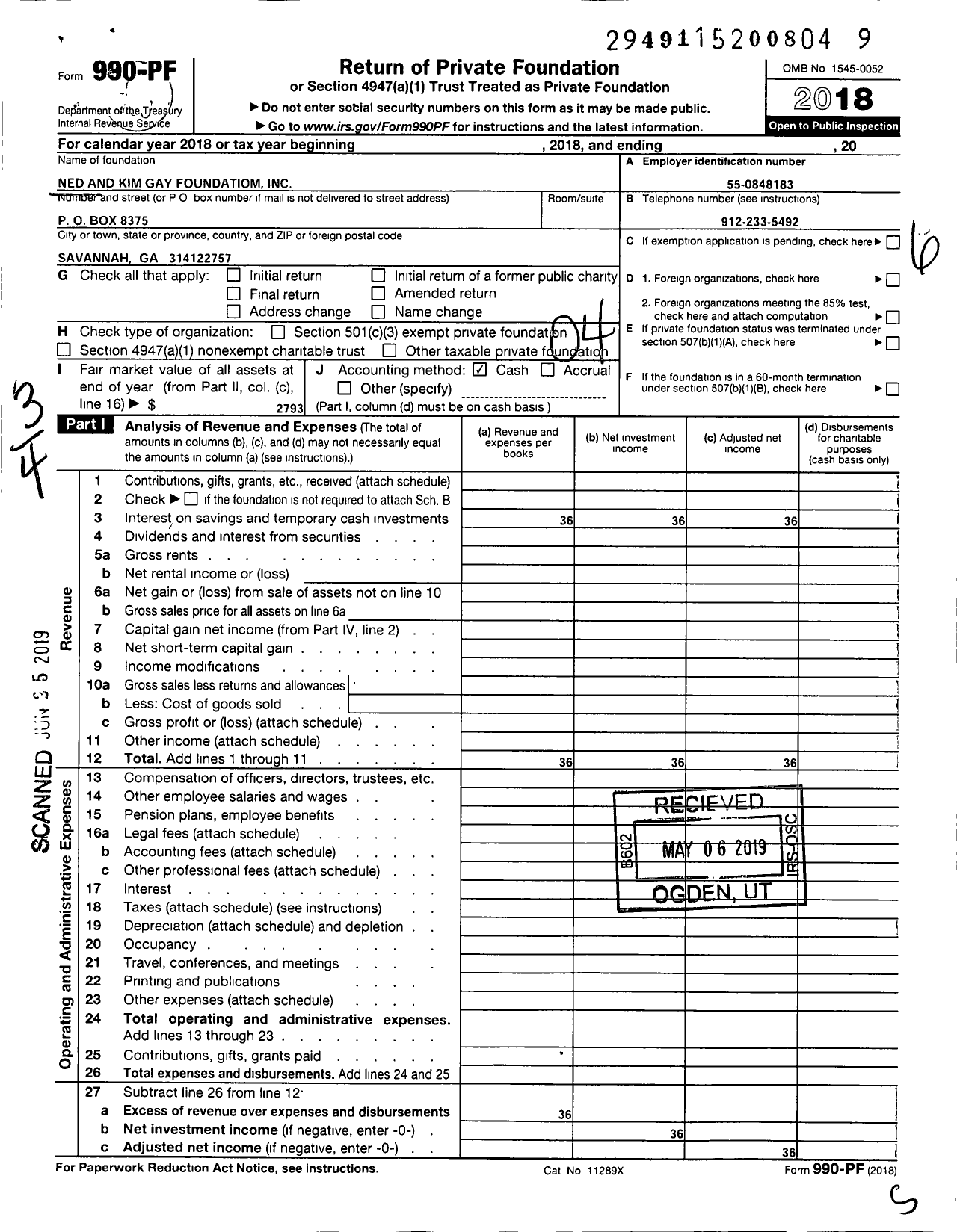 Image of first page of 2018 Form 990PF for Ned and Kim Gay Foundation