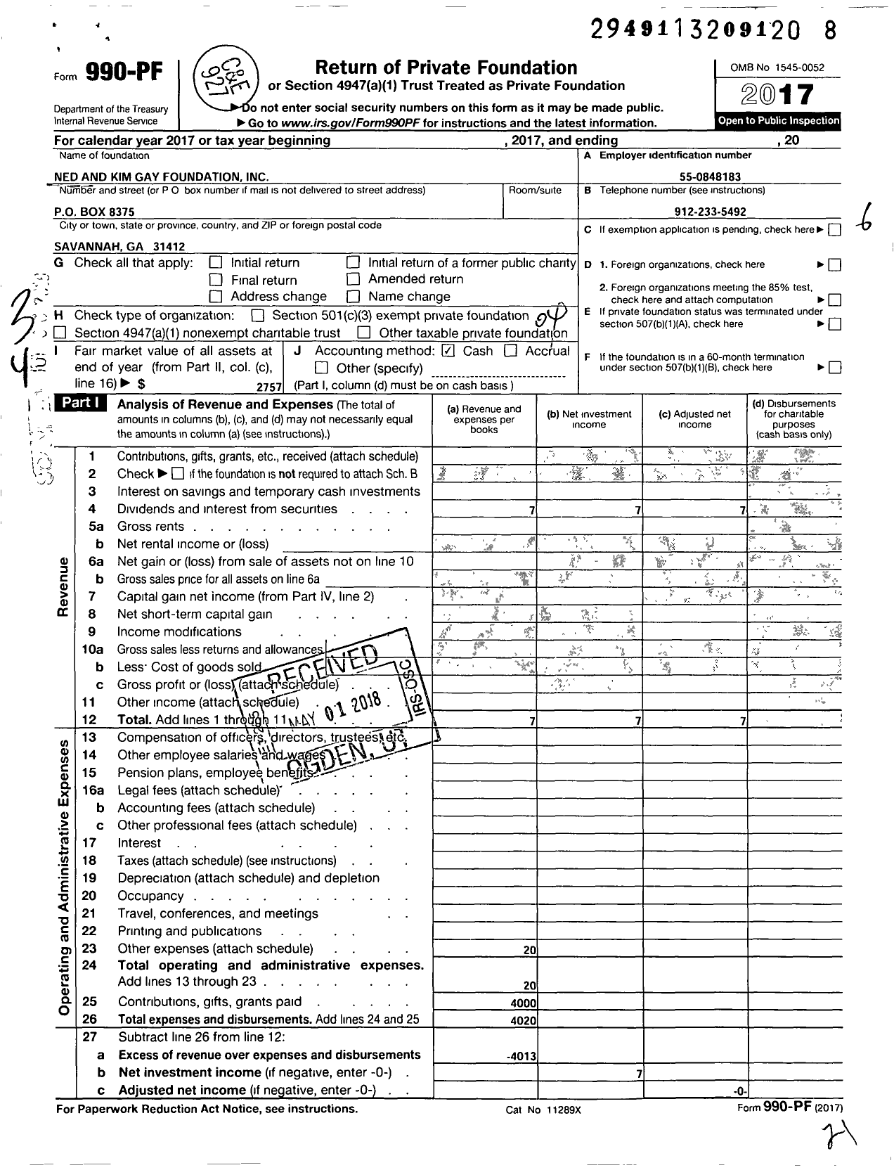 Image of first page of 2017 Form 990PF for Ned and Kim Gay Foundation