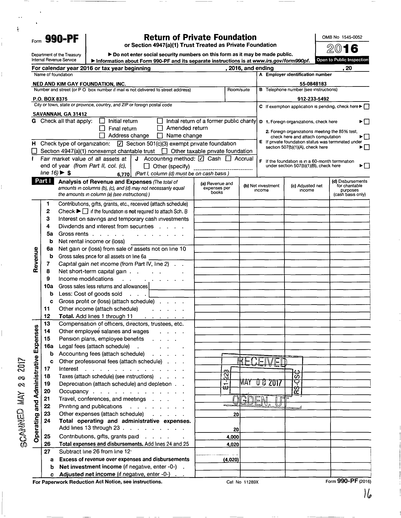 Image of first page of 2016 Form 990PF for Ned and Kim Gay Foundation