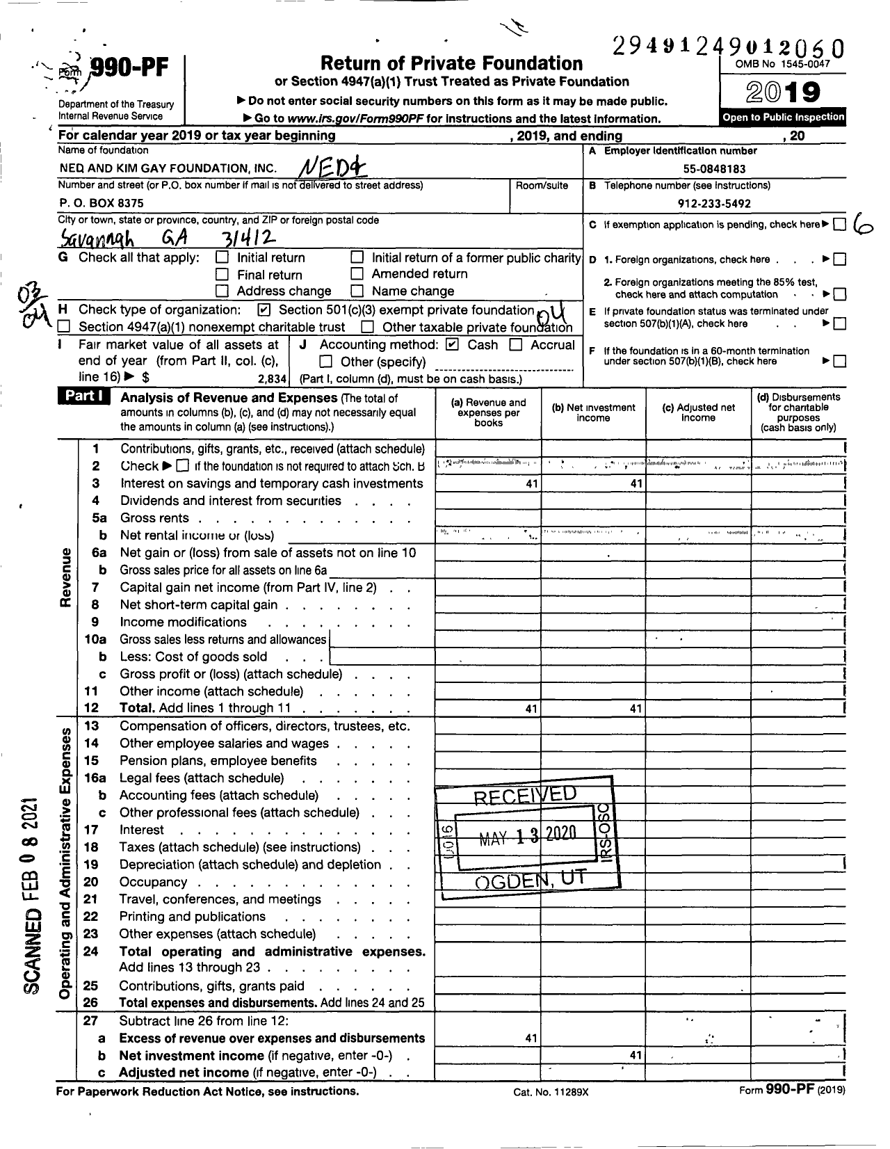 Image of first page of 2019 Form 990PF for Ned and Kim Gay Foundation