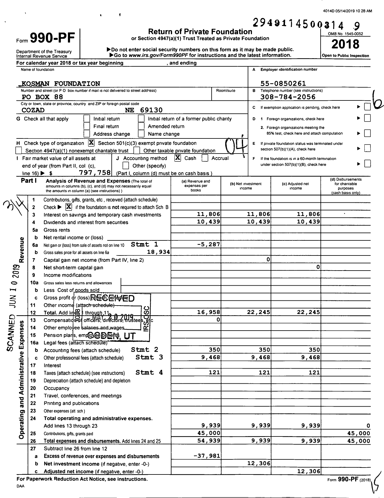 Image of first page of 2018 Form 990PF for Kosman Foundation
