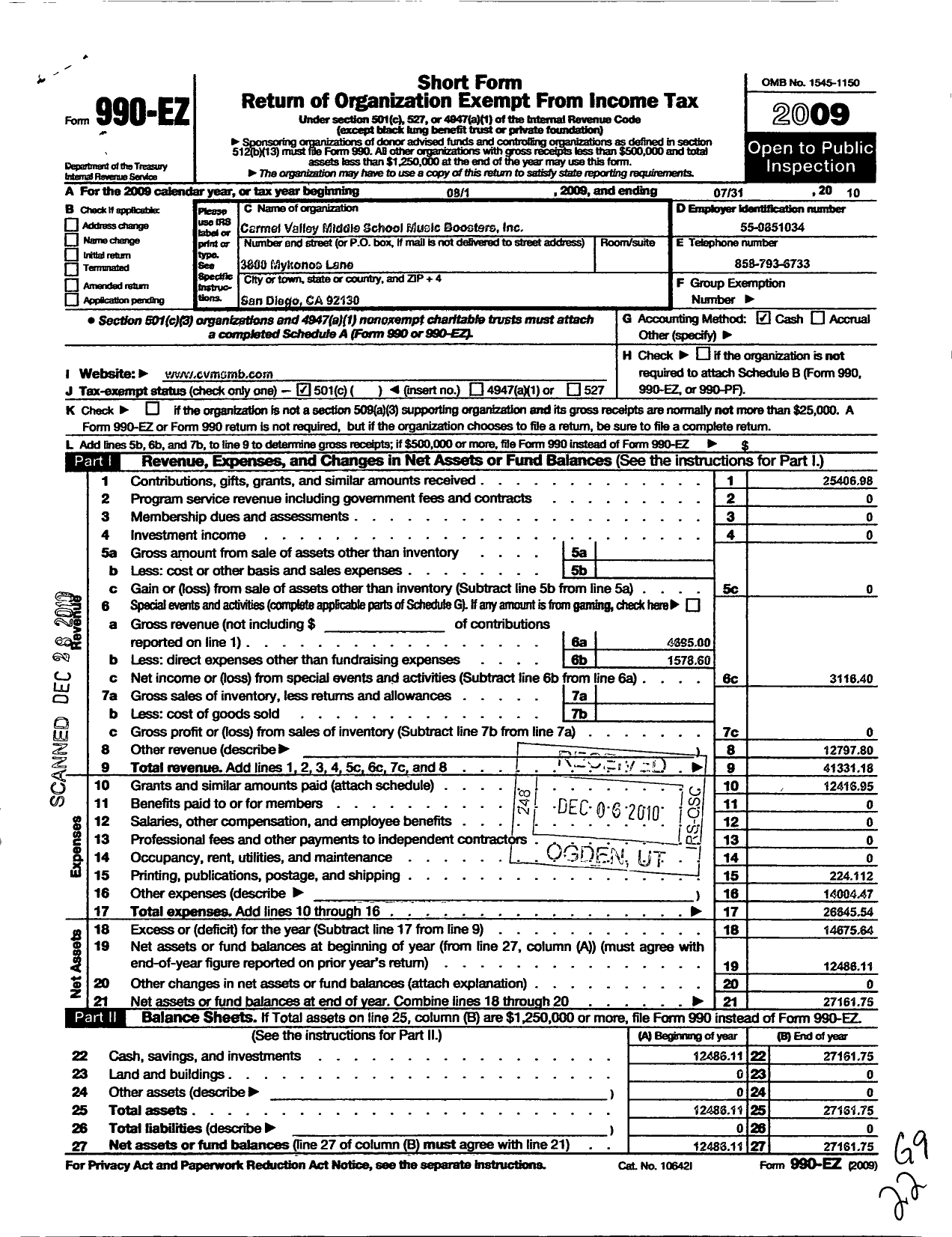 Image of first page of 2009 Form 990EO for Carmel Valley Middle School Music Boosters